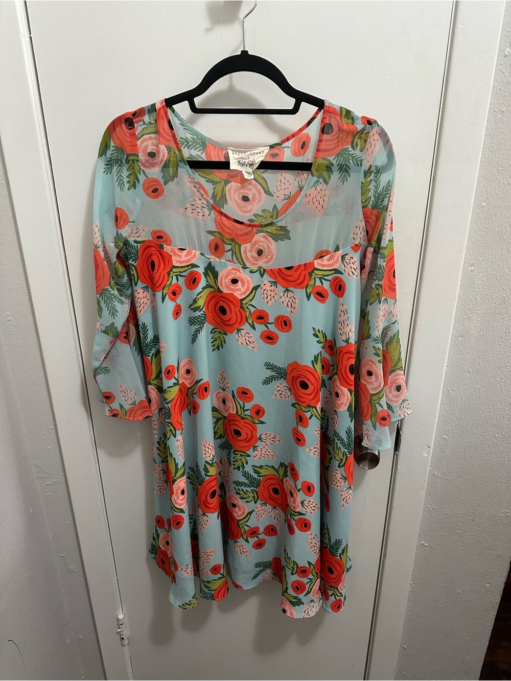 Paper Crown Floral Dress in Aqua with Coral and Pink Blooms